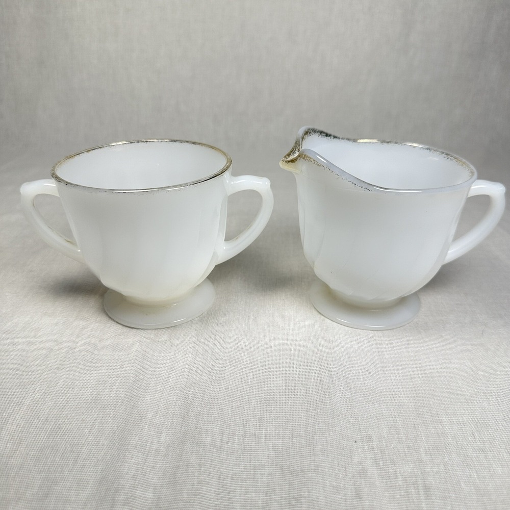 Vintage Fire King Swirled White Milk Glass with Gold Rims Sugar and Creamer